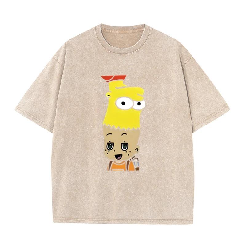 Mashup Cartoon Bart Simpson Print Vintage Washed T Shirt Black Casual Streetwear S