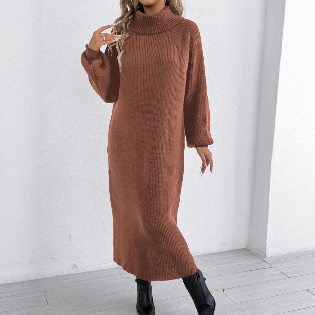 Luźna i swobodna długa sukienka dla kobiet, nowa jesienno-zimowa sukienka swetrowa z wysokim dekoltem i klapami, bez paska