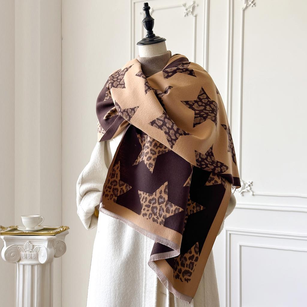 Ladies' Luxury Thickened Winter Scarf - Two-Sided Leopard Print & Star Design Faux Cashmere Jacquard Wool Pashmina Wrap