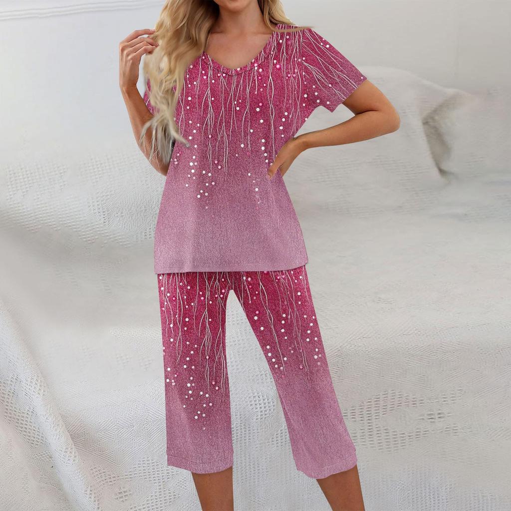 2 Piece Sets For Women Short Sleeve Top And Pants With Pockets Workout Soft Floral Print Sets