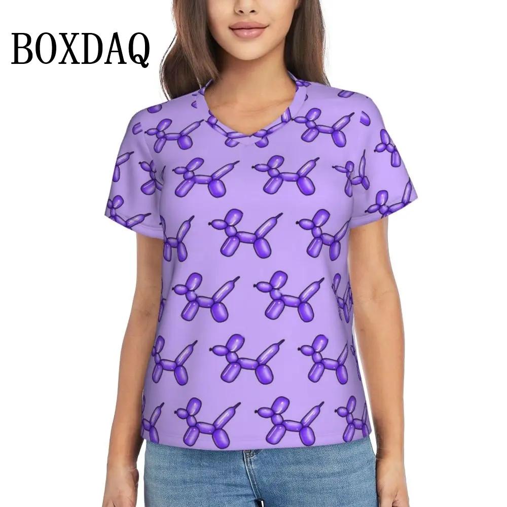 Rainbow Balloon Dogs Print T Shirt Female Summer V-Neck T Shirts Short Sleeve Street Fashion Shirt Women Cute Graphic Kawaii Top