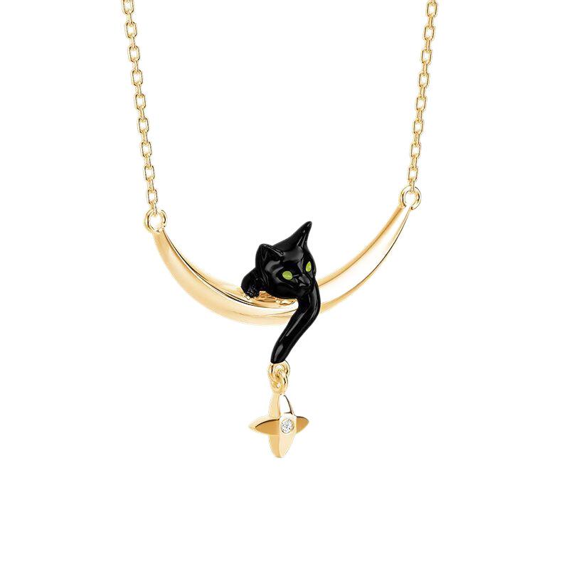 Niszowy naszyjnik z wisiorkiem Czarny Kot Księżyc Wiatr Retro Damska Biżuteria Wysokiej Klasy Łańcuszek na obojczyk
