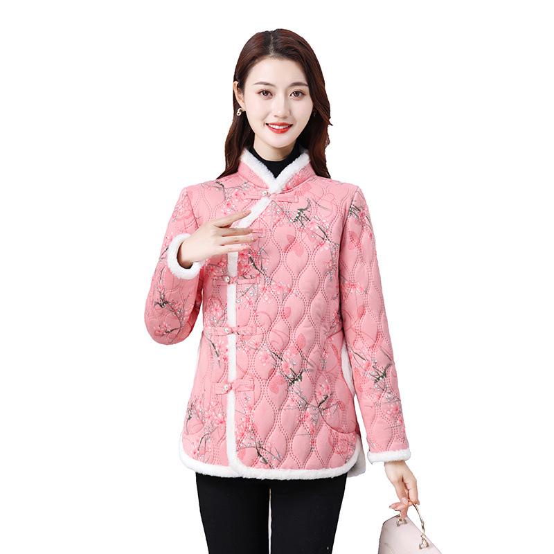 

Северо-восточная куртка с цветочным принтом и застежкой на лягушку с хлопковой подкладкой для женщин среднего возраста 3XL (120-135 jin) розовый