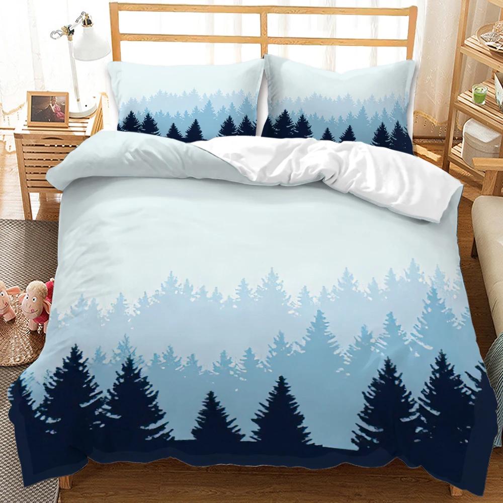 3D Mountain Forest Duvet Cover Set Snow Mountain Winter Theme King Queen Size Comforter Cover for Kid Teen Polyester Bedding Set