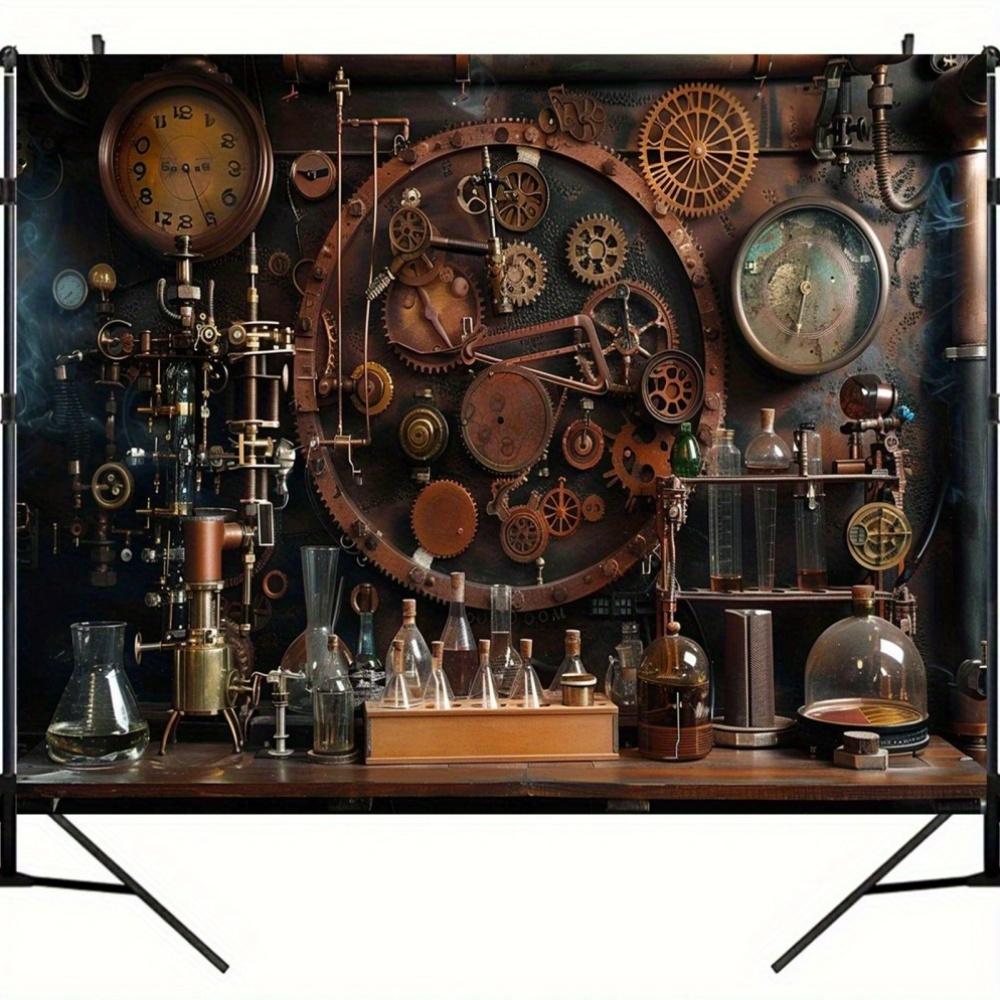 1 Stück vintage Steampunk Hintergrundstoff mit Brauereirad- und Uhrwerkdesign, geeignet für Geburtstage, Feiertage und Partys