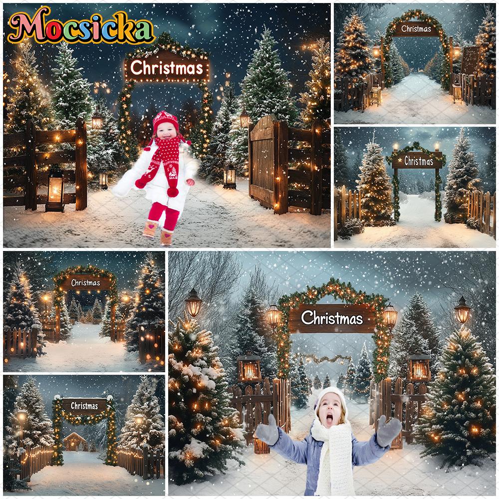 Mocsicka Christmas Background Photography Forest Tree Child Photo Backdrop Wallpaper Winter Snow Door Party Decorations Banner