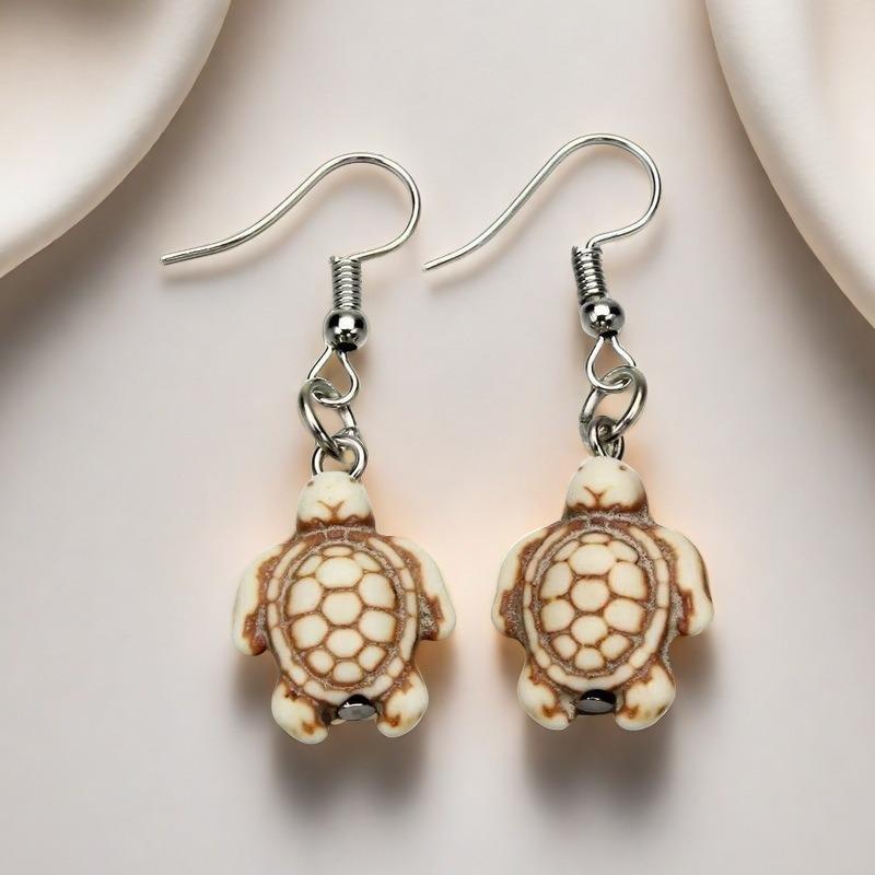 Ear Pendants with Ethnic Style, Retro Turtle Greenstone Turquoise Ear Pendants, Textured Stone Earrings