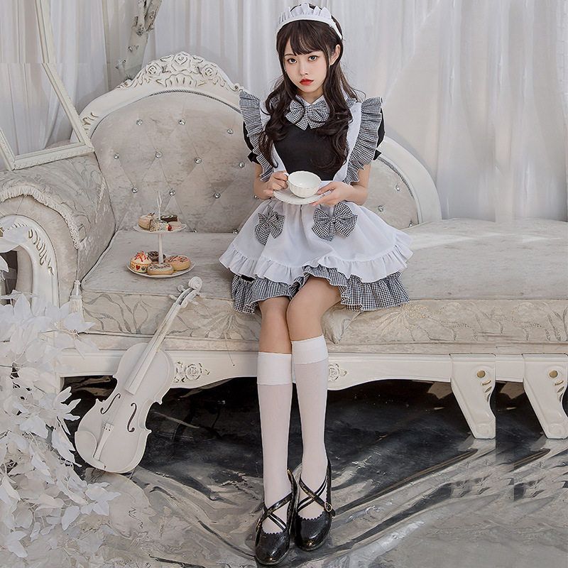 Halloween Costume Lolita Maid Outfit Cook's Daily Black and White Plaid Cosplay Maid Lolita Dress