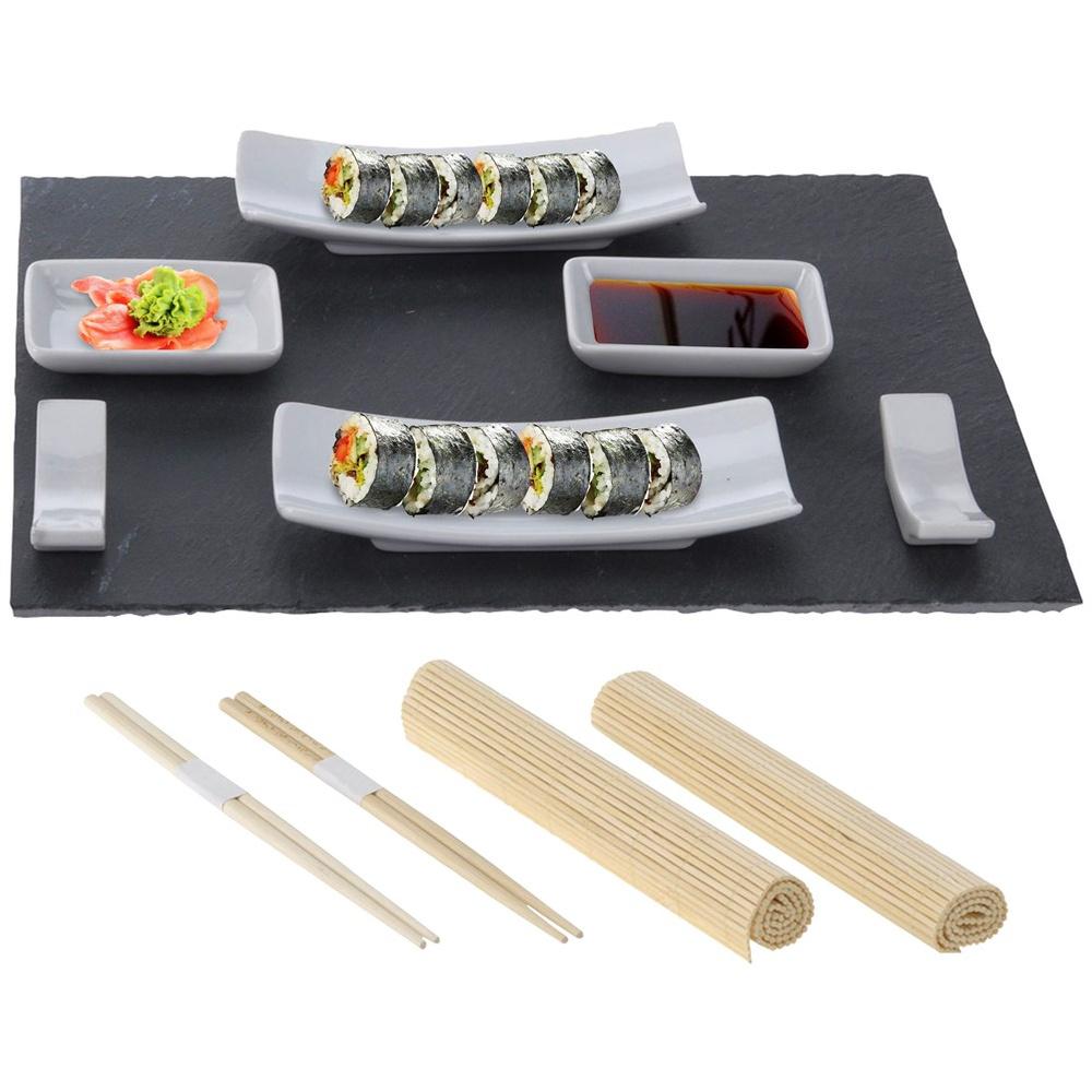 2x Sushi Serving Set Stone Tray Bowl Chopsticks Mat Gift
