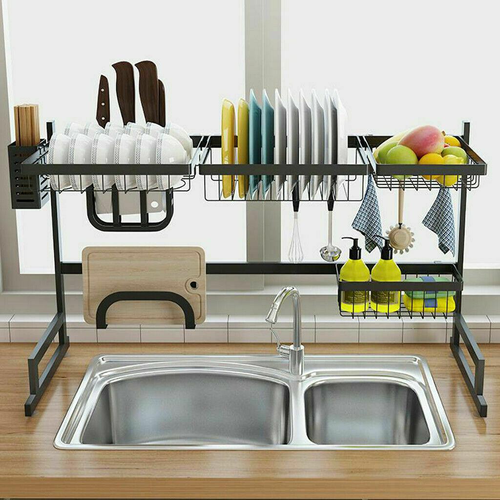 1pc Kitchen Stainless Steel Cutlery Drainer Shelf 2-Tier Over Sink Dish Drying Rack Dish Drying Rack Kitchen Accessories