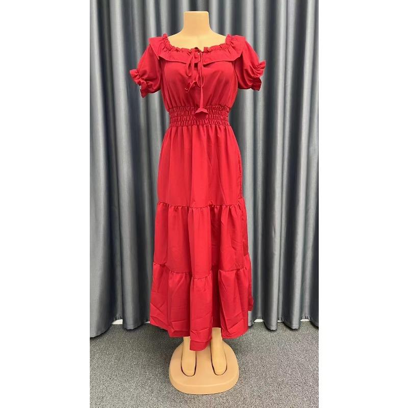 Women's Summer Long Dress New Fashion Solid Color Ruffled Strapless Puff Sleeve Vacation Dress Women Elegant Off Shoulder Sexy A Line Female Dresses