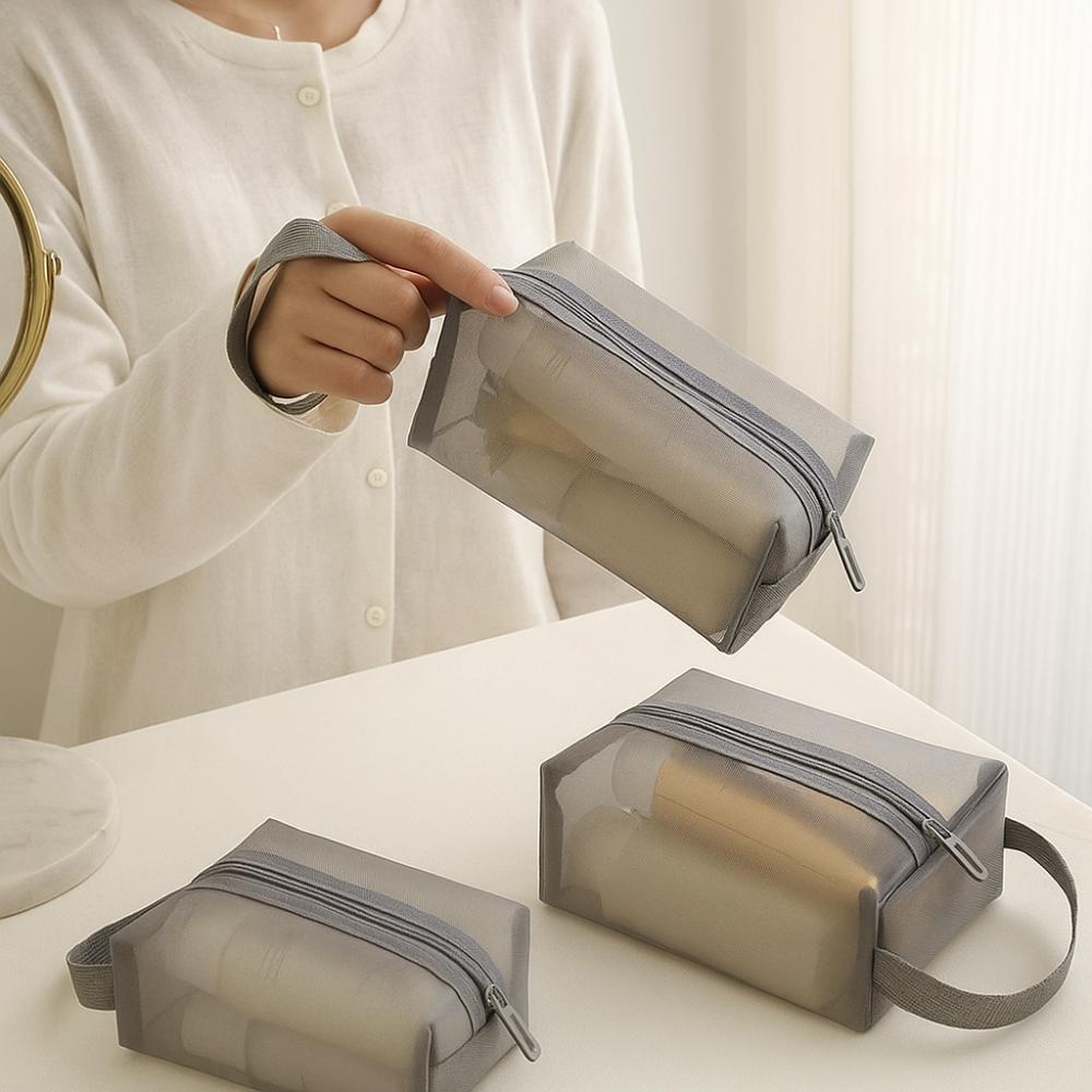 Casual Portable Mesh Makeup Bag Square Zipper Storage Toiletry Bag Large Capacity Lightweight Transparent Cosmetic Bag Bathroom