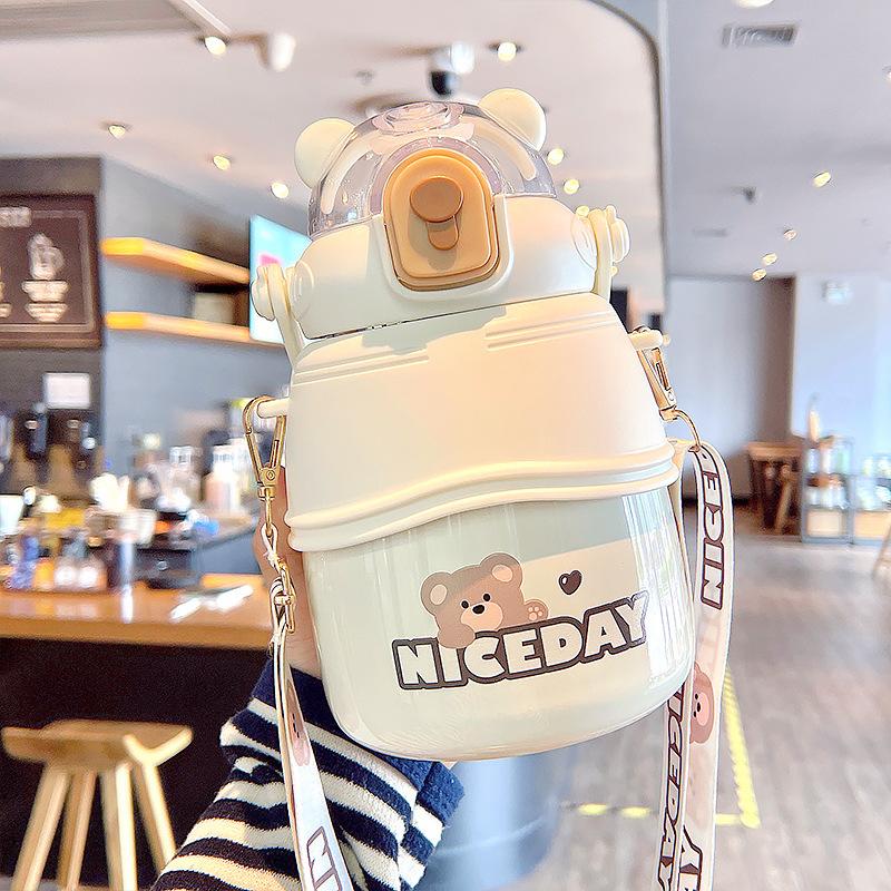 1000 ML Cute Big Belly Water Bottles Stainless Steel Thermos Bottle With Straw Large Capacity Kids School Thermal Insulation Cup