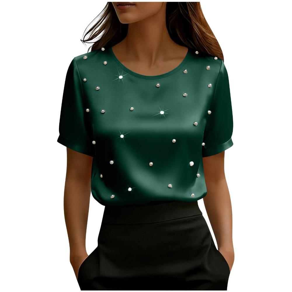 Women's O Neck Short Sleeve Satin Top Loose Fit Elegant Blouse Pearl Beaded Casual Shirt