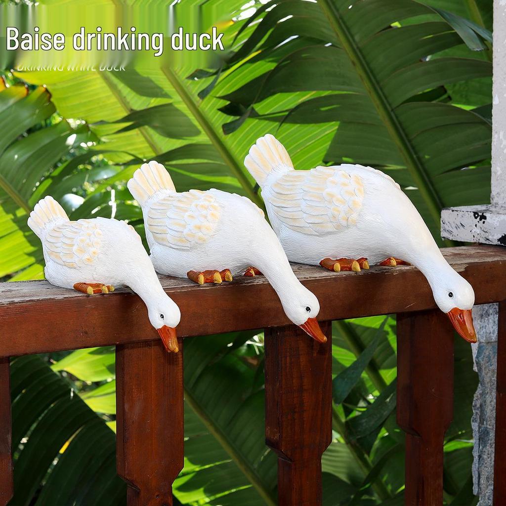 White Duck Pond Decoration with Fish - Resin Garden Ornament