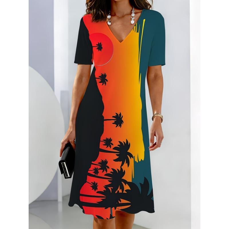Ladies Summer V-Neck Short Sleeve Print Dress Fashion Street Style Personality Work Dress Holiday Dress
