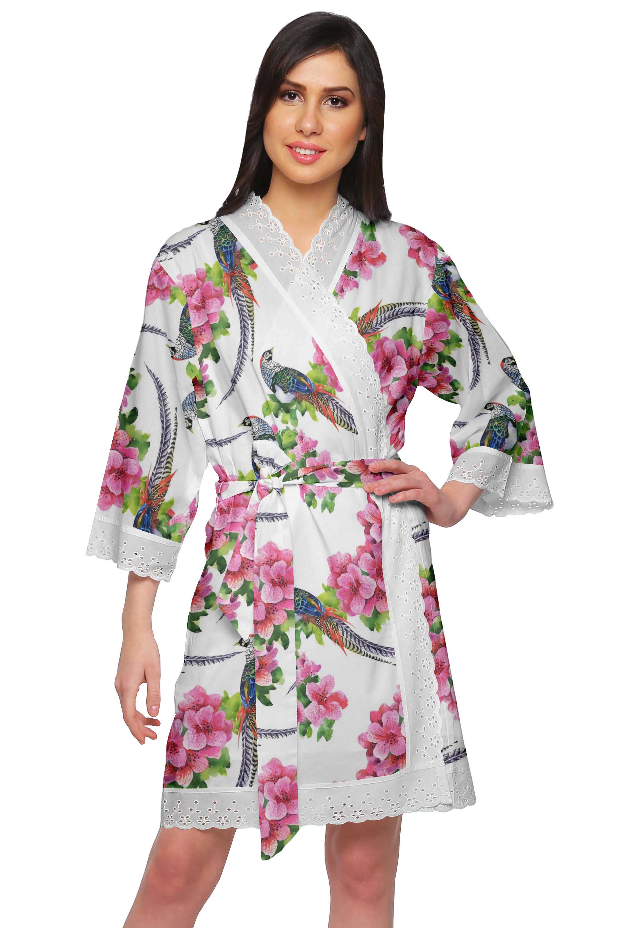 

Moomaya Cotton Printed Robe For Women Kimono Getting Ready BridesmaidA Lace XS білий