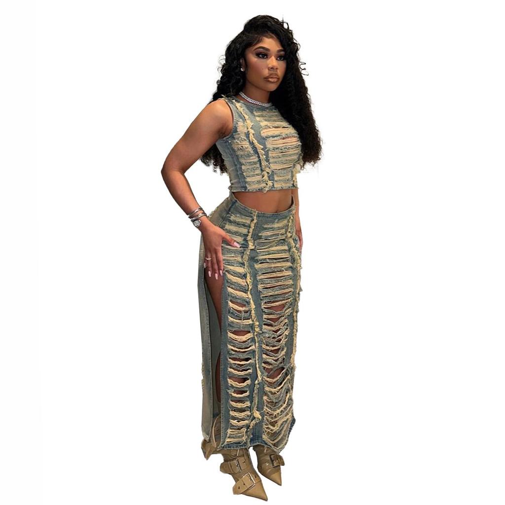 Women's Denim Skirt and Vest Set – European & American Handmade Distressed Style with High Slit