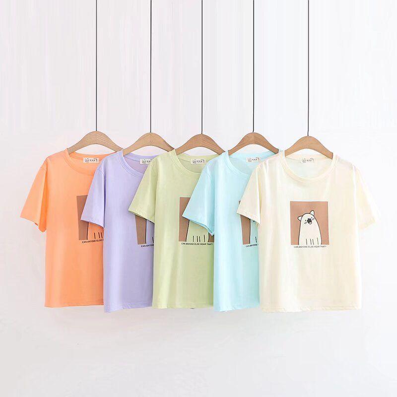 

1886 Bear Multi-Color T-shirt Cotton round Neck Pullover Coated Candy Color All-Match and Sweet Short-Sleeved Shirt for Women Export Blue Green All yards