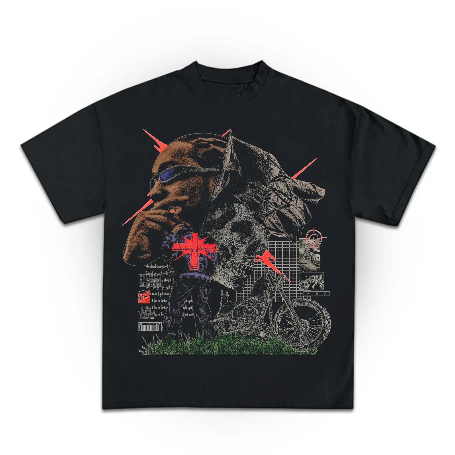 

2025 Summer Rap Pattern T-shirt, Streetwear T-shirt, Hip-hop Tour Leisure T-shirt 100% Pure Cotton Printed Top for Men and Women S
