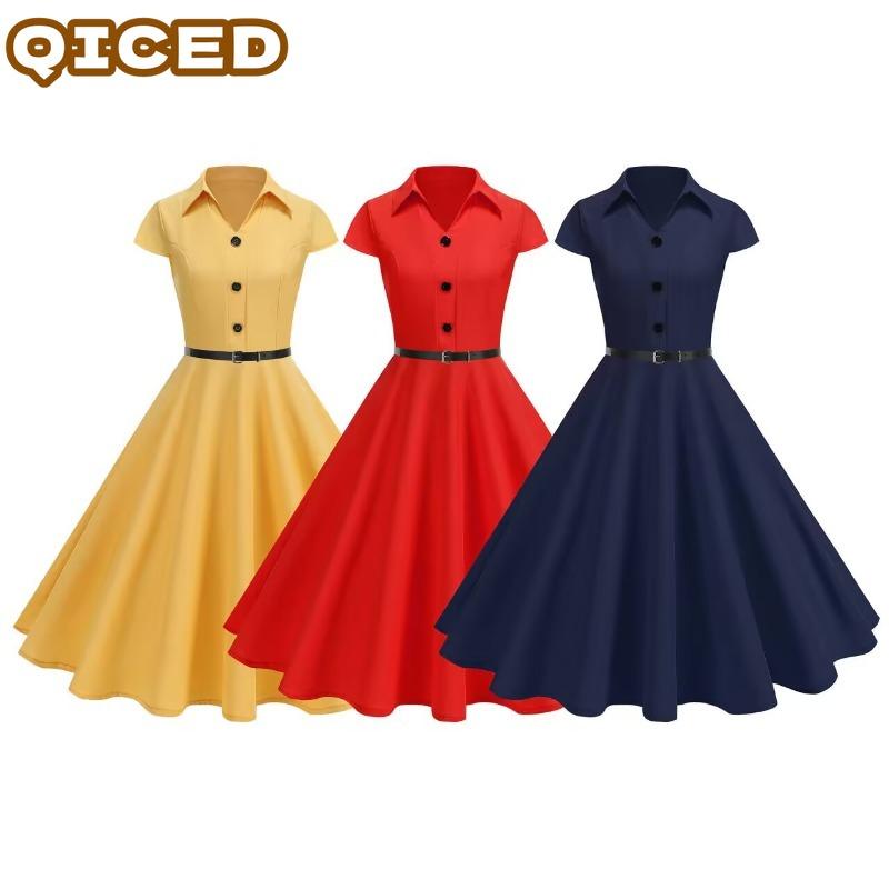 QICED Fashion Summer Spring Solid Color Print Short Sleeve V-Neck Casual Dresses