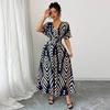 Women Casual Short Sleeve V Neck Bohemian Holiday Style Striped Printed Big Hem One Piece Dress