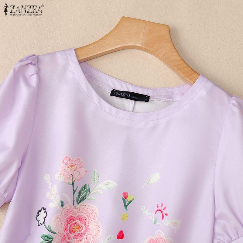 ZANZEA Women Casual Round Neck Short Sleeve Floral Print Blouse
