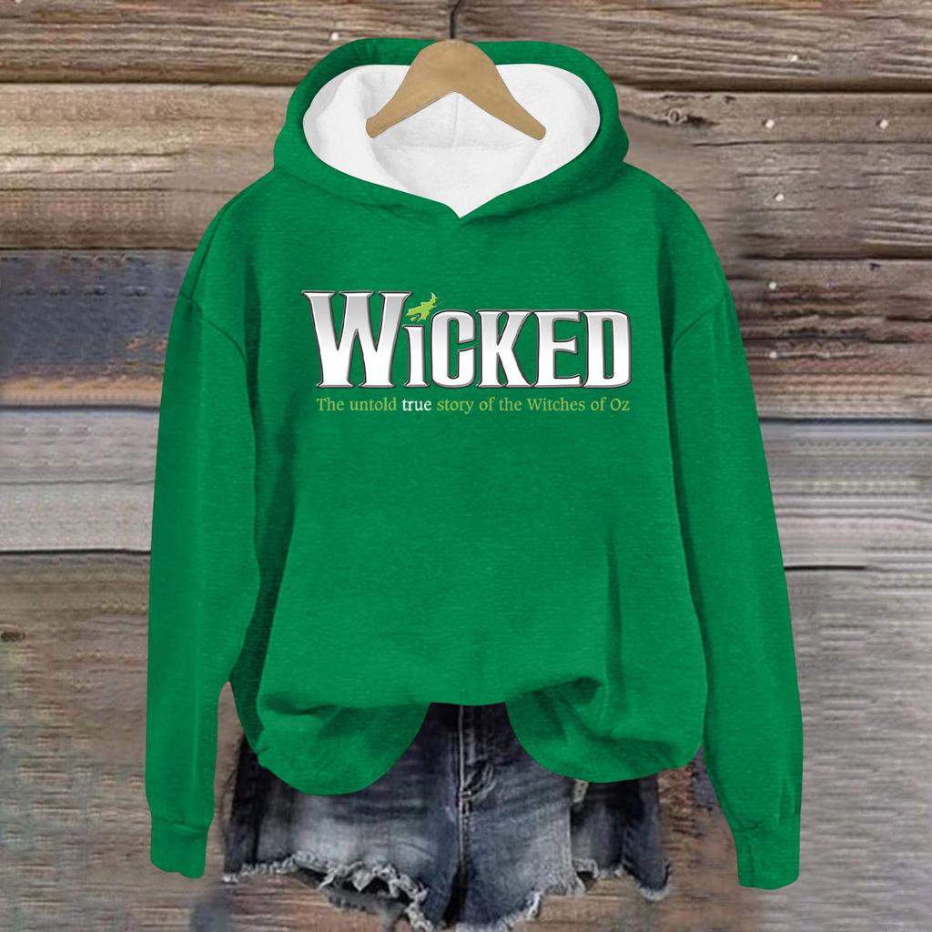 Women's Casual Long Sleeve Pullover Witch Print Hooded Sweatshirt