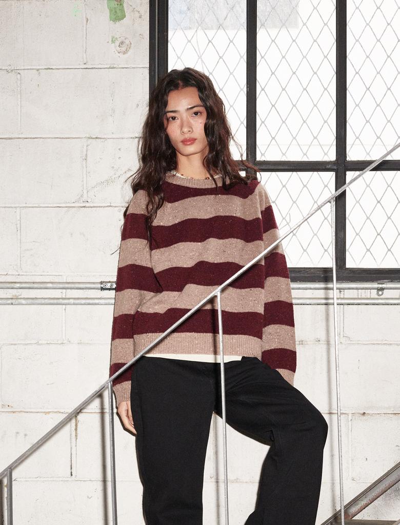 FLATWAVE IN SEOUL Noor Wool Stripe Round Knit Taupe/Wine