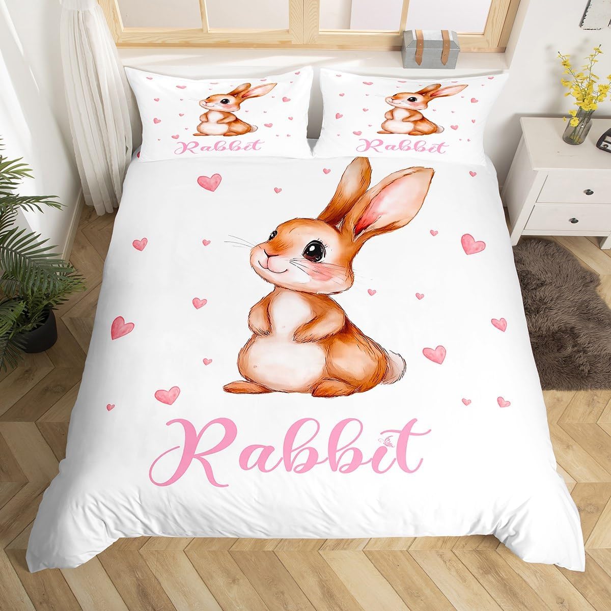 Flylo Unisex Infant Rabbit Children's Duvet Cover Single Girl Animal Printed Bedding Set With Zipper,Microfiber Rabbit Bedding Set With Pillowcases 133Cm