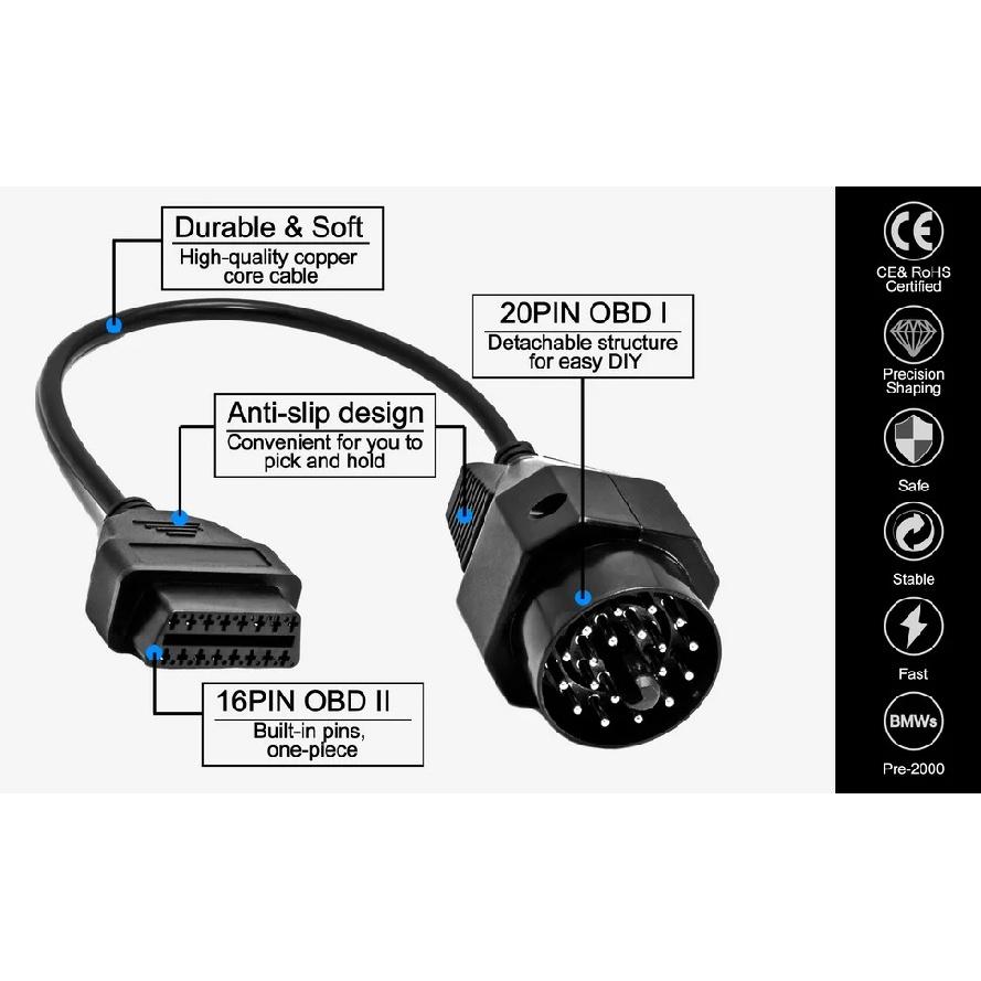 For BMW 20pin to OBD2 16pin connector cable OBD OBD2 adapter cable for BMW e36 e39 X5 Z3 scan tool cable