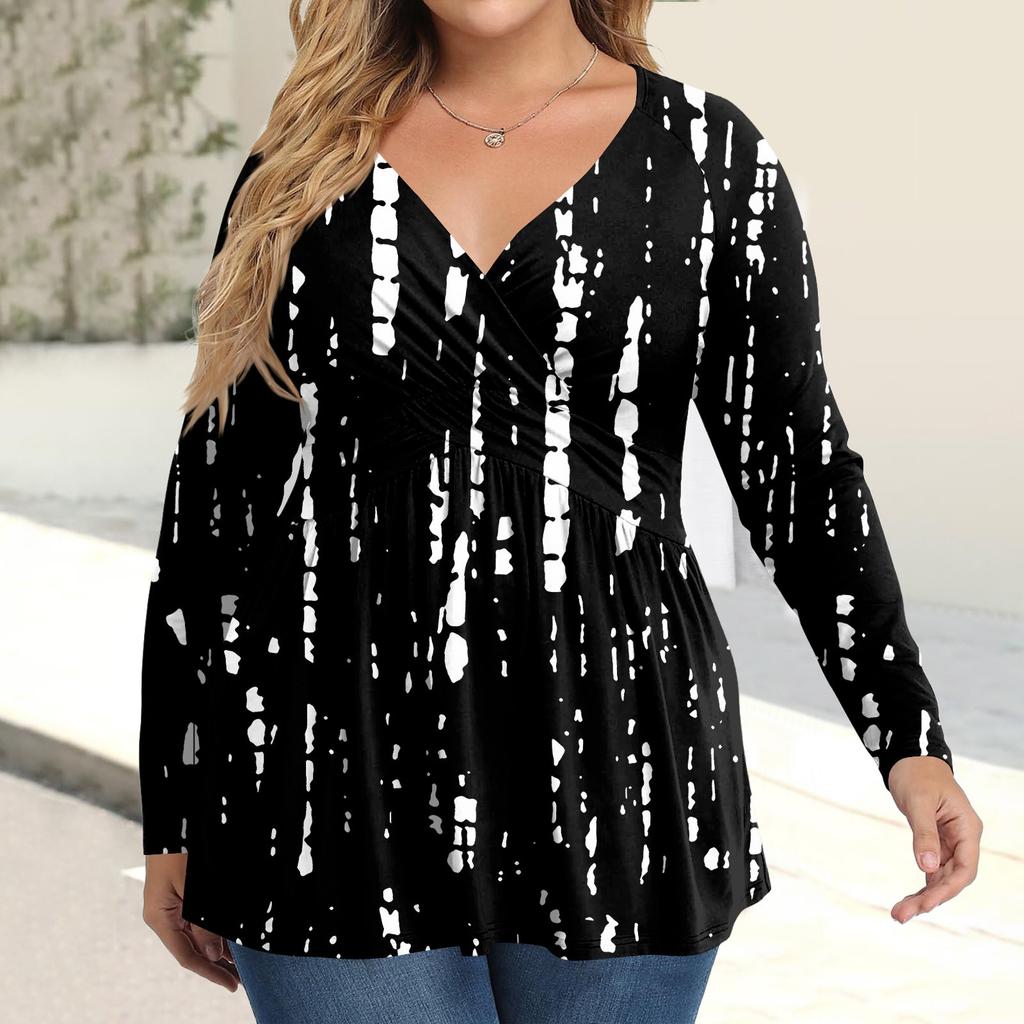 Women's Plus Size Shirt Long Sleeve  Print Top Pleated Casual V-Neck Top