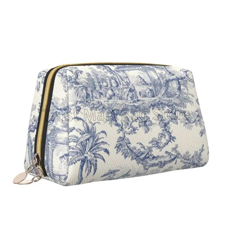Franse Landelijke Make-uptas Retro Toile De Jouy Leer Reizen Cosmetica Organizer Vrouwen Grote Capaciteit Waterdichte Toiletartikelen Tas
