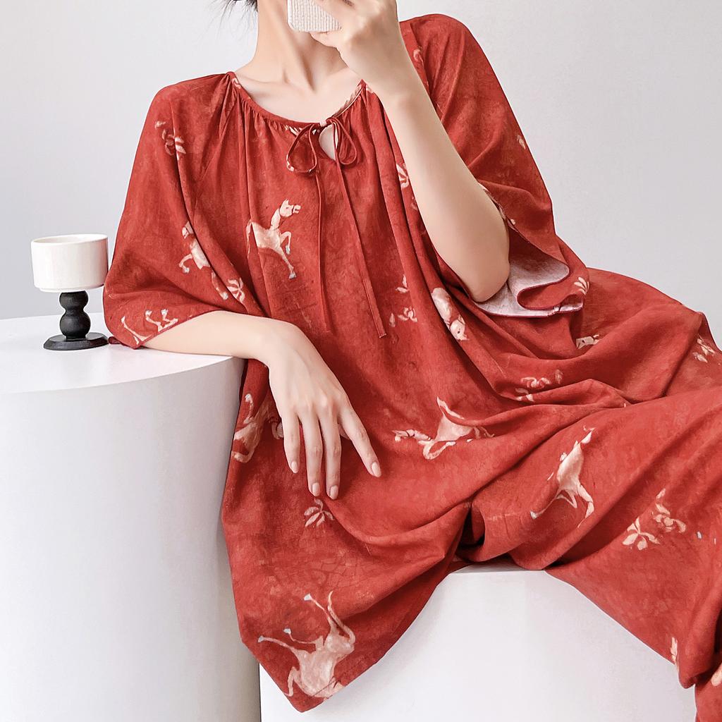 1011 new short-sleeved cotton and silk pajamas for women's summer thin printing loose and relaxed loungewear suit