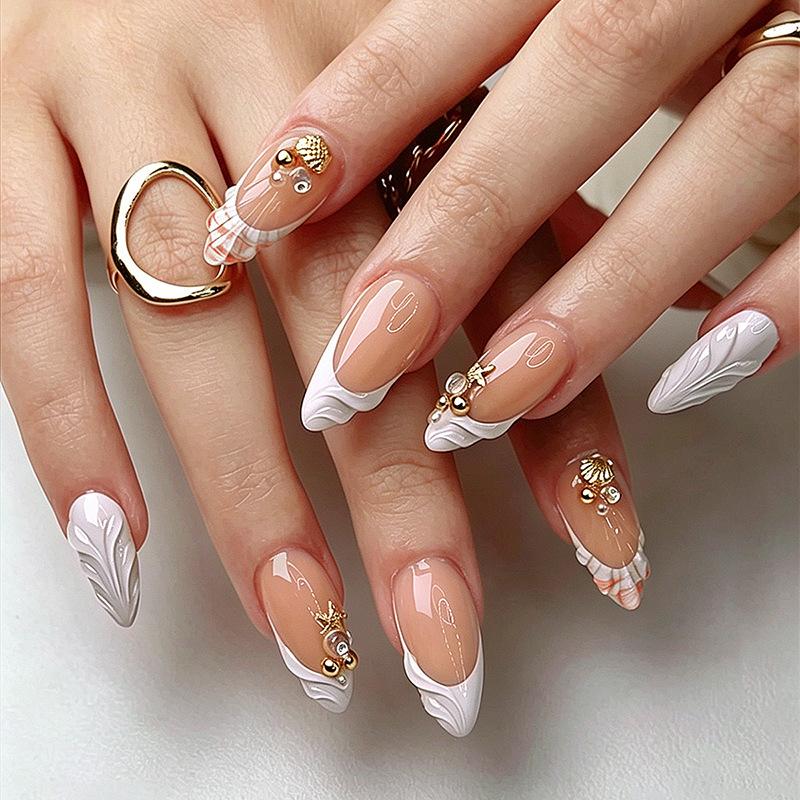 Nail art piece Wearable long 3D flower nude white French wearing nail Gentle white fake nail patch