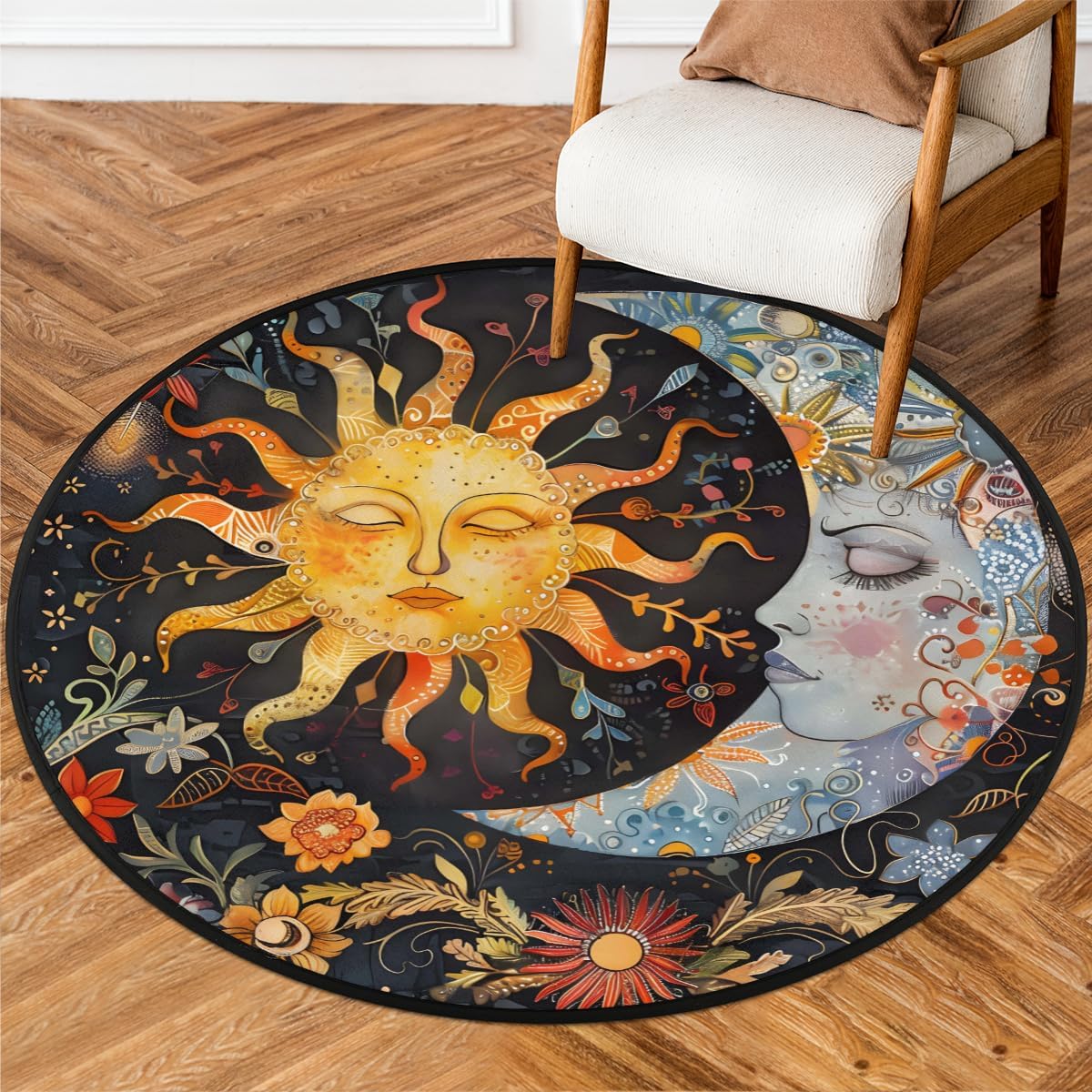 Sun and Moon Celestial Round Rug Black Background Artistic Face Floral Details 60cmx60cm