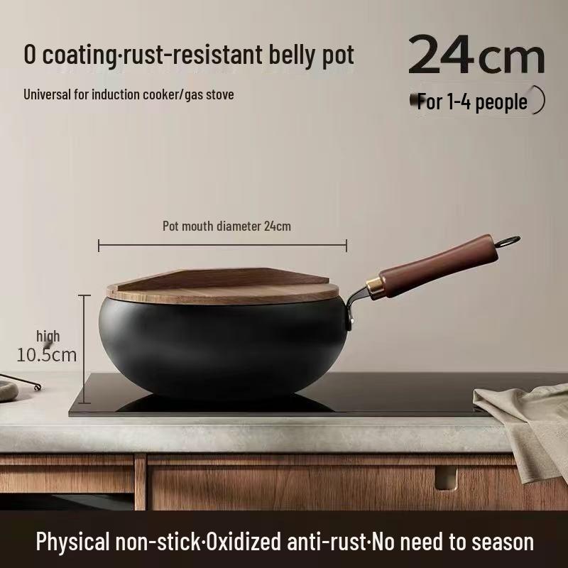 Handcrafted Zhangqiu Iron Belly Wok: Uncoated, Non-stick, Small Iron Frying Pan for Household Use.