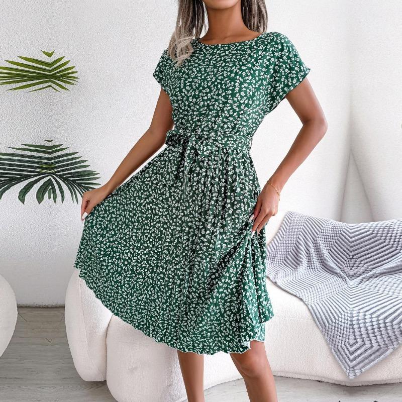 Spring Summer Women Short Sleeve Floral Pleated High Waist A Line Long Dress S-XL
