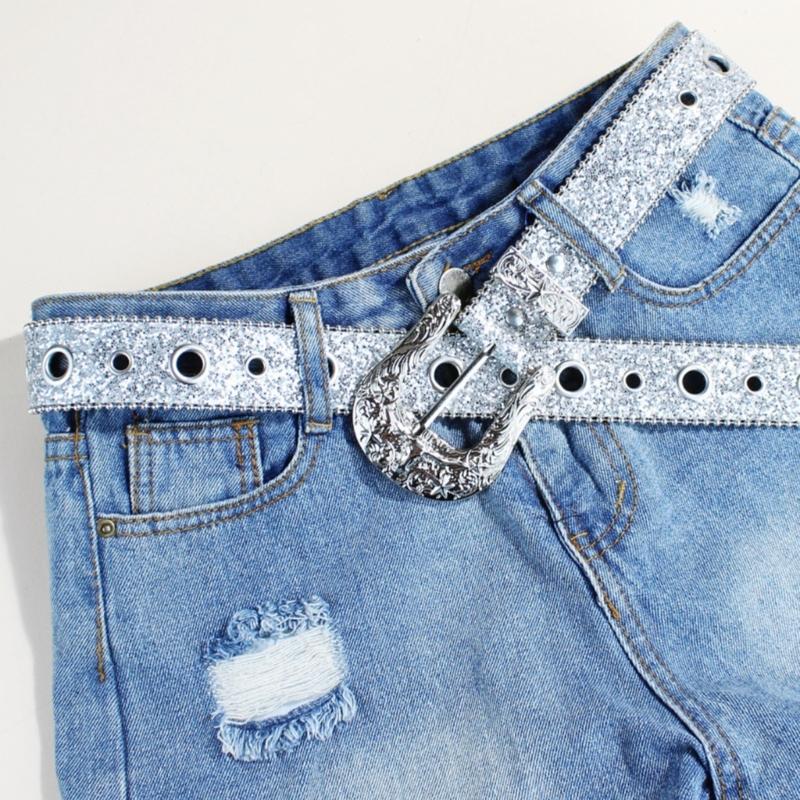 Shimmering Sequined Belt Girl Engraved Buckle Belt 2000s Waistband Punk Waistbelt Bead Trim Belt Aesthetic Waist Accessory