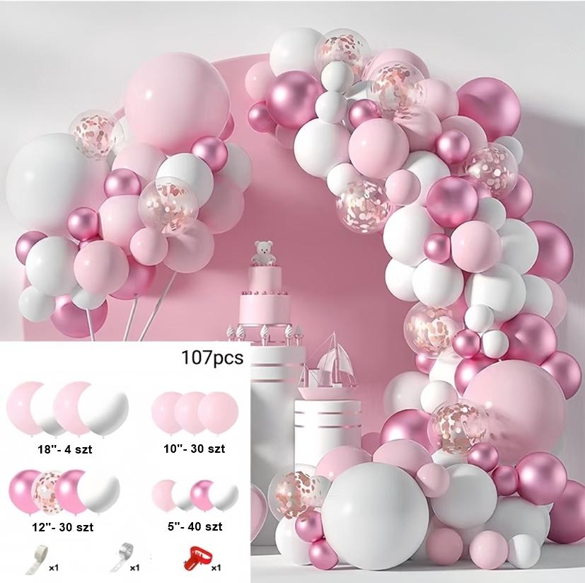 Girlanda Balonowa Różowo Biała Zestaw 107 Szt Balony Taśma