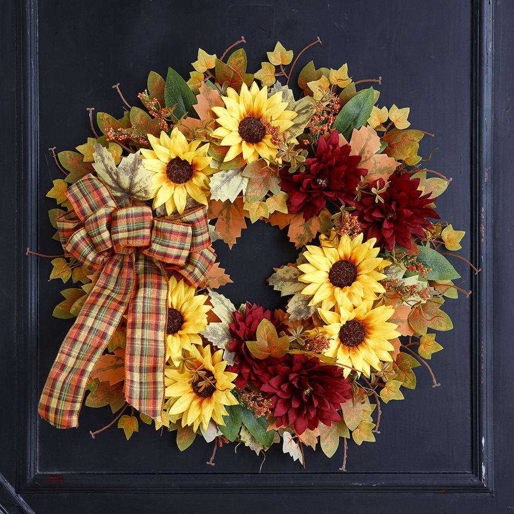 Fall Wreath 20inch Fall Sunflower Wreaths for Front Door Artificial Autumn Wreath with Maple Leaves Burlap Bows for Thanksgiving