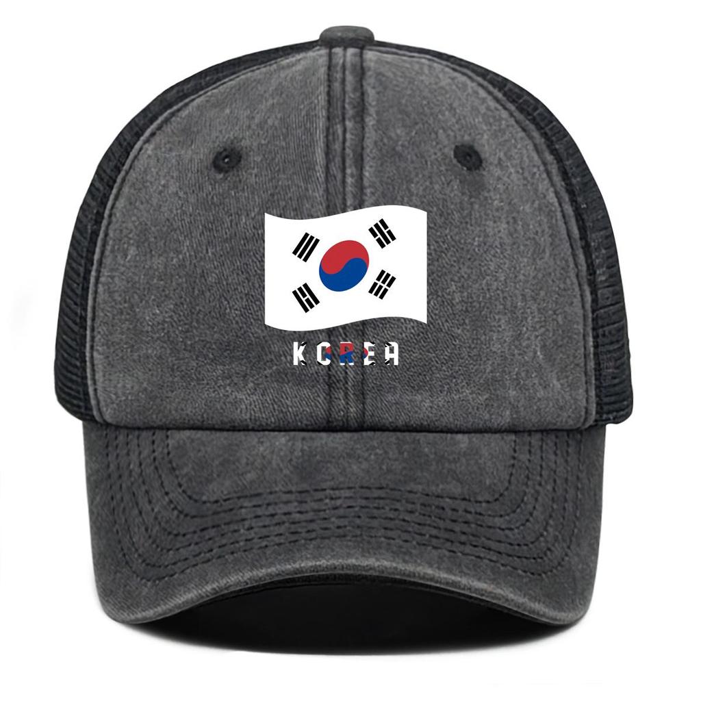 South Korea Flag Waves Print Adjustable Mesh Cap, Patriotic Sports Hat Stylish All-season Raw Brim Trendy Snapback Trucker Hat