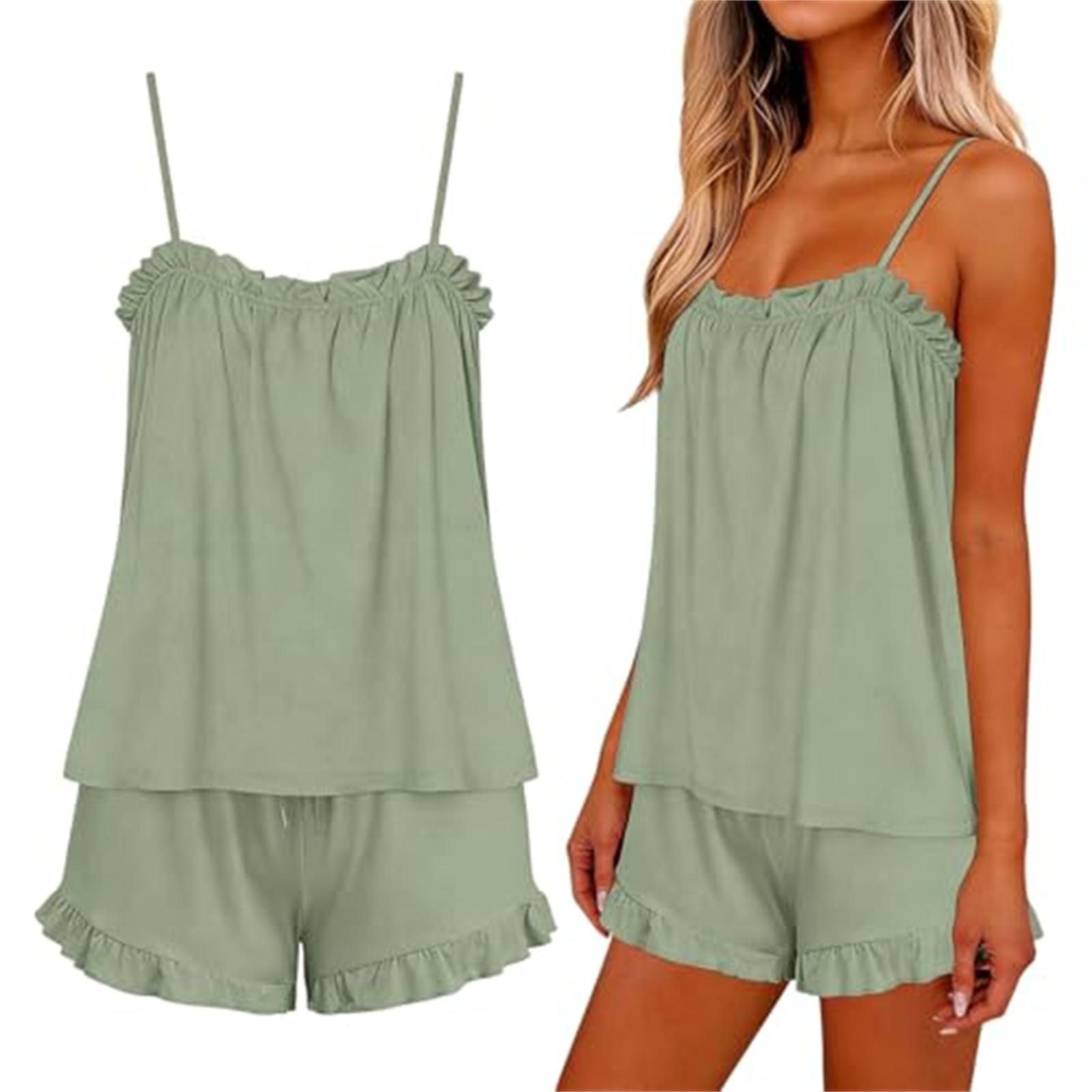 

Women s Casual Two Piece Pajama Set Lightweight Sleeveless Top with Adjustable Straps and Elastic Waist Shorts Soft Lounge Sleepwear XXL зелёный