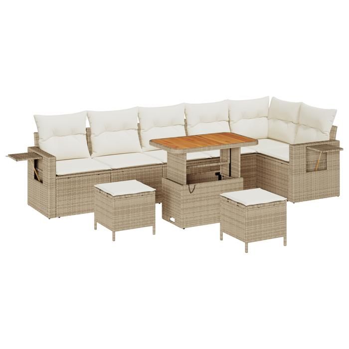 Ensemble de canapé de jardin 9 pièces vidaXL avec coussins Beige Rotin synthétique Acacia, Ensemble de salle à manger de 3361766