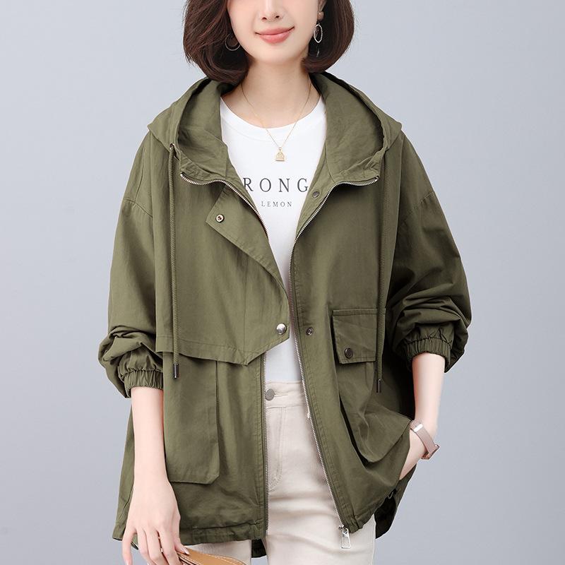 Stylish 2024 Women's Pure Cotton Hooded Jacket – Loose Fit, Plus Size, Casual Short Trench for Middle-Aged Moms