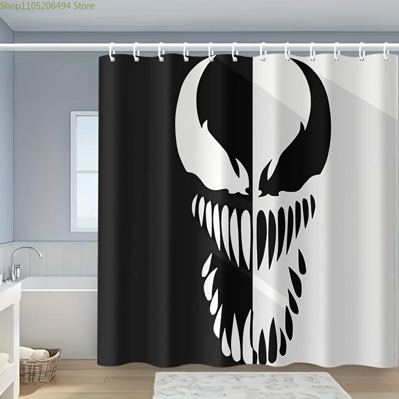 

1pc MARVEL Venom Shower Curtain - Polyester, Machine Washable with Hooks, Black & White Cartoon Design for Bathroom Decor, Bat 90x180cm