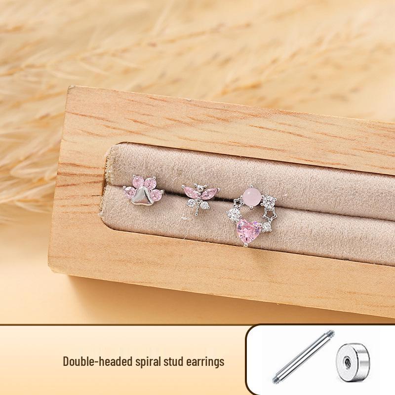 Sweet Pink Zircon Titanium Ear Stud Set: Butterfly, Heart & Cat Paw Designs