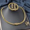 18K Gold Plated Cuban Chain Jewelry Set With Rhinestone Accents Women Necklace Bracelet Earrings