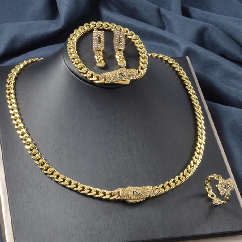 18K Gold Plated Cuban Chain Jewelry Set With Rhinestone Accents Women Necklace Bracelet Earrings