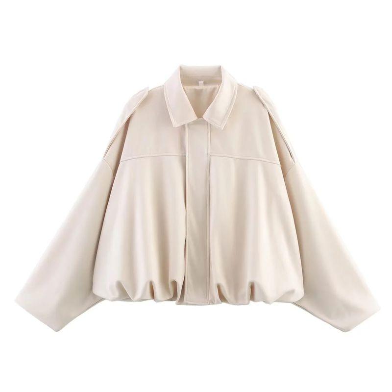 Women's Spring Clothing Pleated Decorative Lapel Long Sleeves Suede Texture Pilot Jacket Outwear 4344155